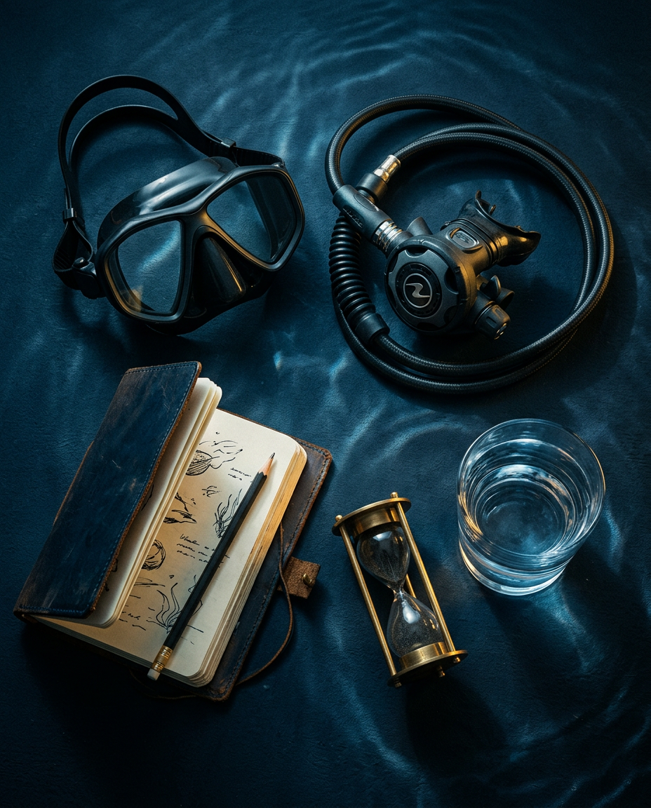 Flat lay of dive gear and a hand-sketched dive journal beside an hourglass and a glass of water, resting on a deep blue rippled surface