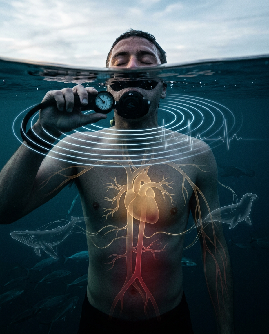 A diver holding a regulator and dive gauge at the surface, an illustrated heart and vascular system glowing over the chest, faint outlines of a whale and a seal in the water around them