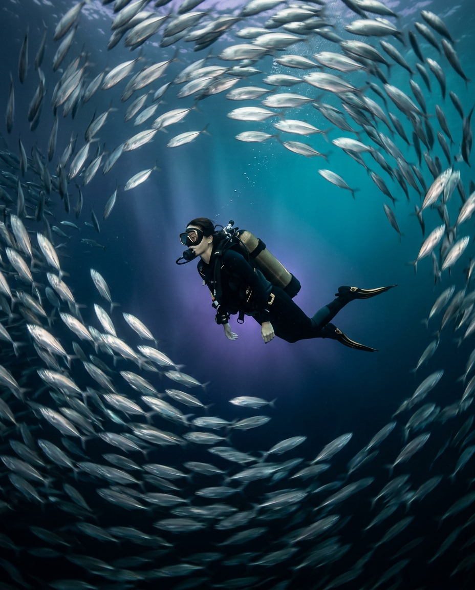 A diver spiraling through a swirling tunnel of silver baitfish, lit by shafts of sunlight from above