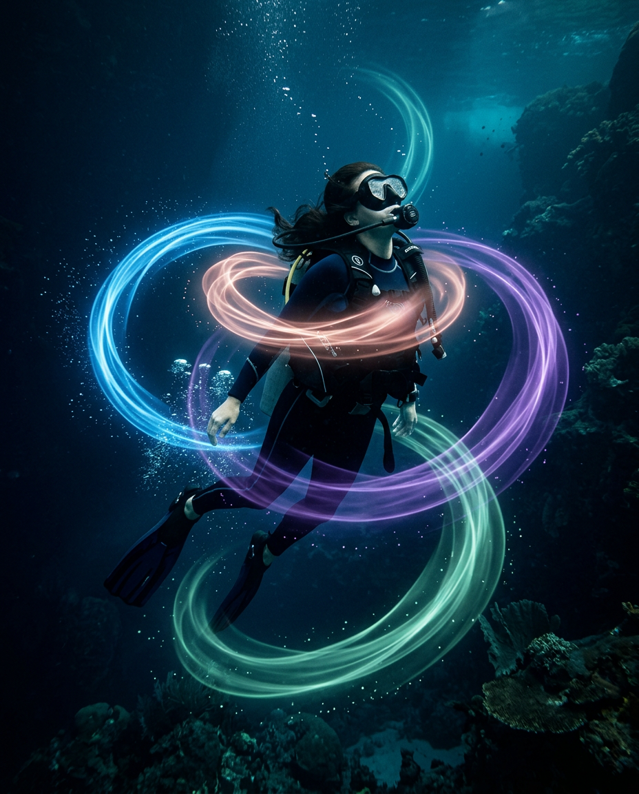 A diver suspended in swirling rings of blue, purple, and green light, each ring representing a different neurochemical released underwater