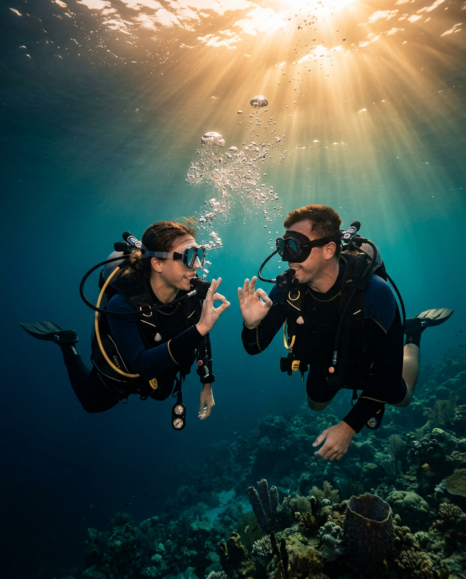 Two dive buddies face each other underwater exchanging the OK hand signal, sunbeams and bubbles rising between them over a coral reef