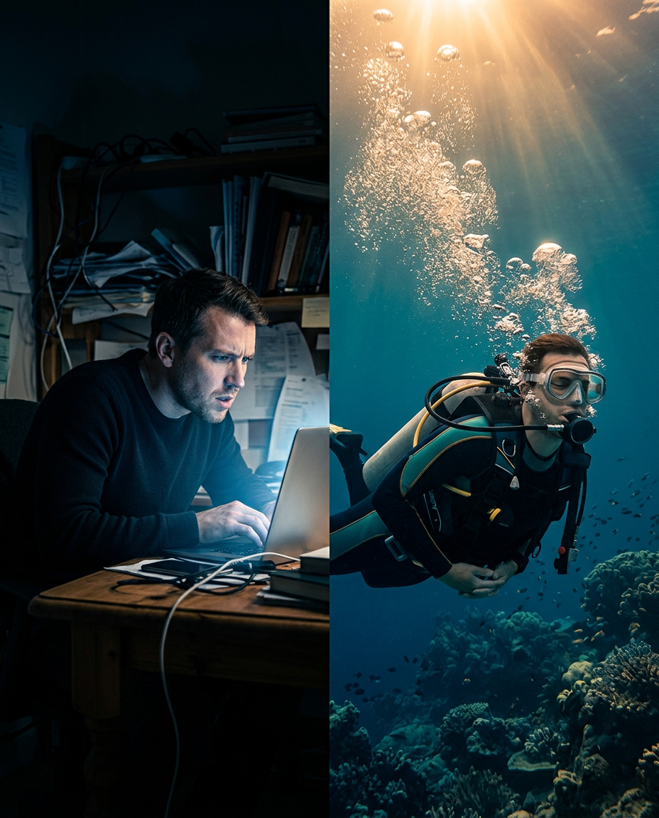 Split scene: a stressed man hunched over a laptop at night beside the same man weightless and calm on a scuba dive over a sunlit reef