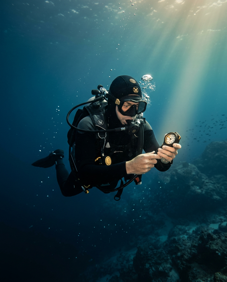 A diver checks a pressure gauge and dive computer underwater, calm and focused, sunlight filtering down over a reef in the background