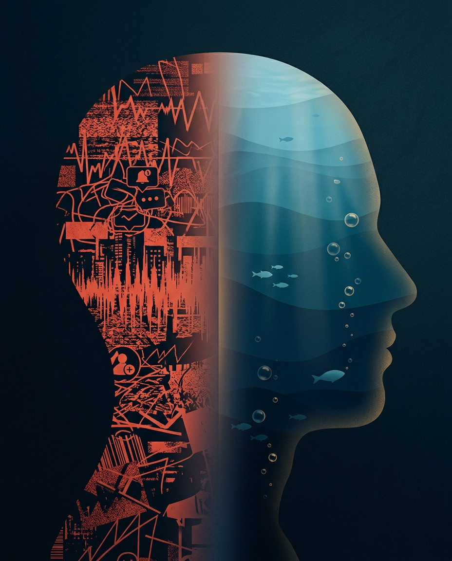 A silhouetted head split down the middle: one side a chaotic red tangle of notifications and city noise, the other a calm blue underwater scene with fish and rising bubbles