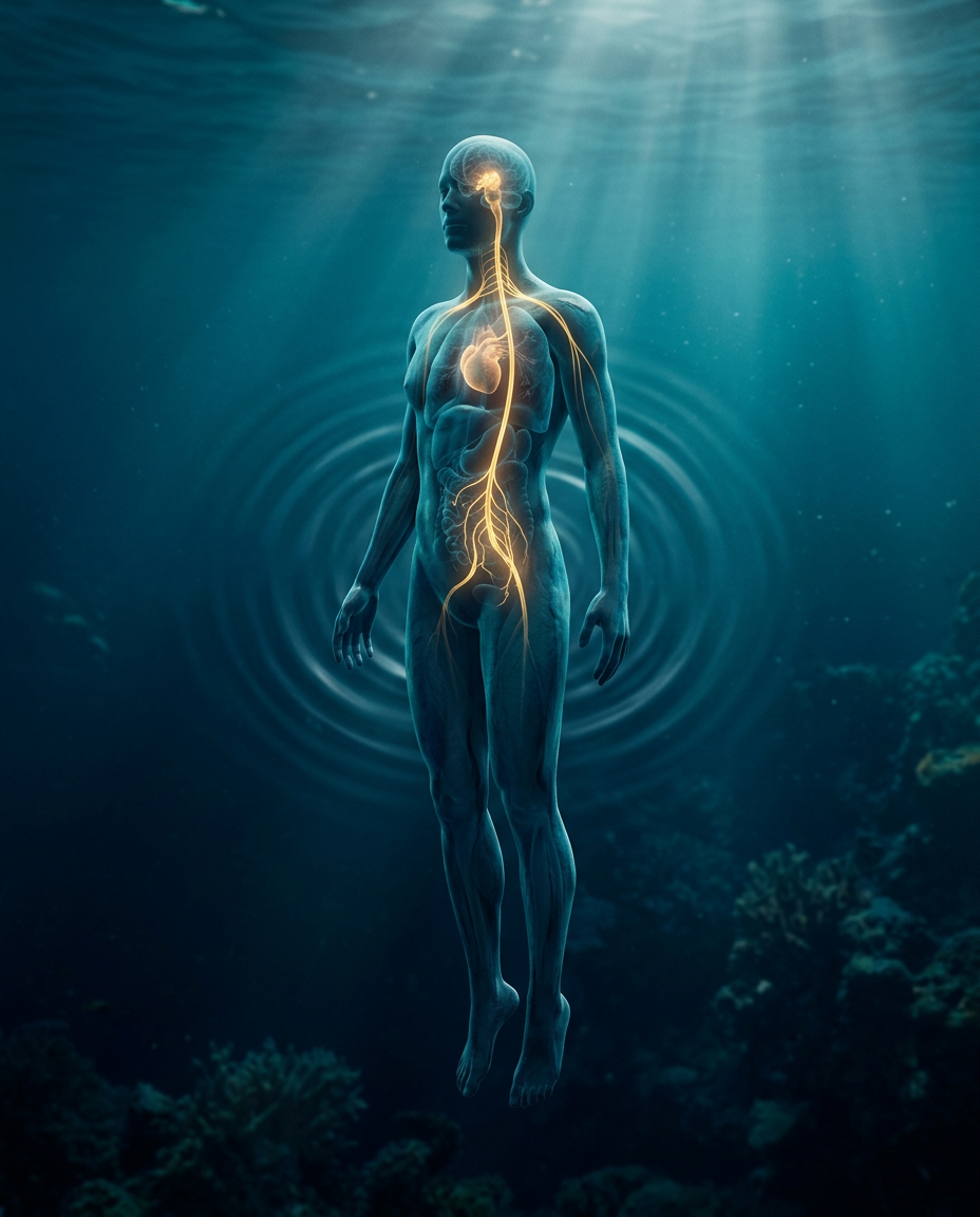 A translucent anatomical figure floating underwater with its nervous system glowing gold from brainstem to gut, ripples radiating outward