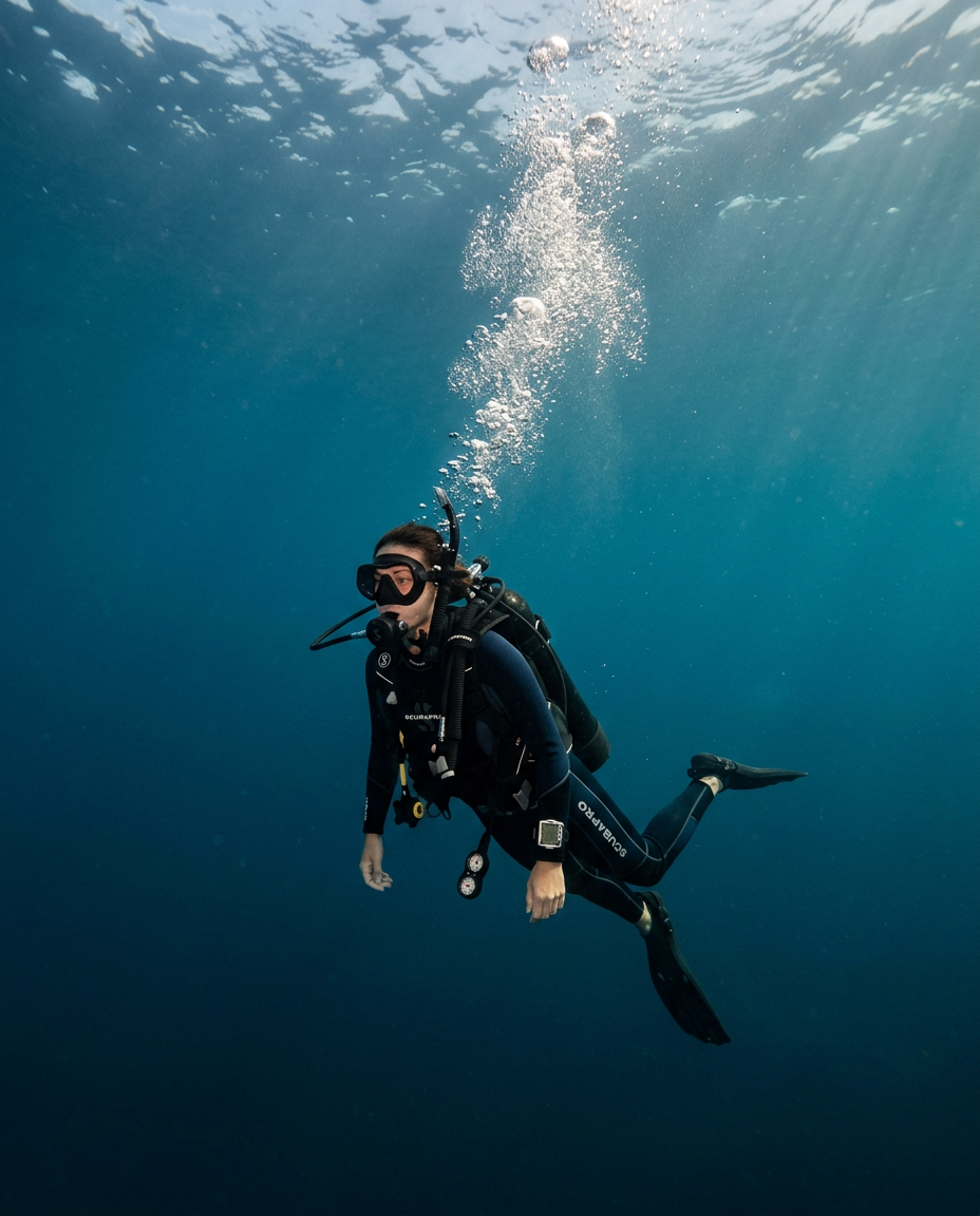 Scuba diver at five meters mid-descent exhaling a controlled stream of bubbles while shifting into a float