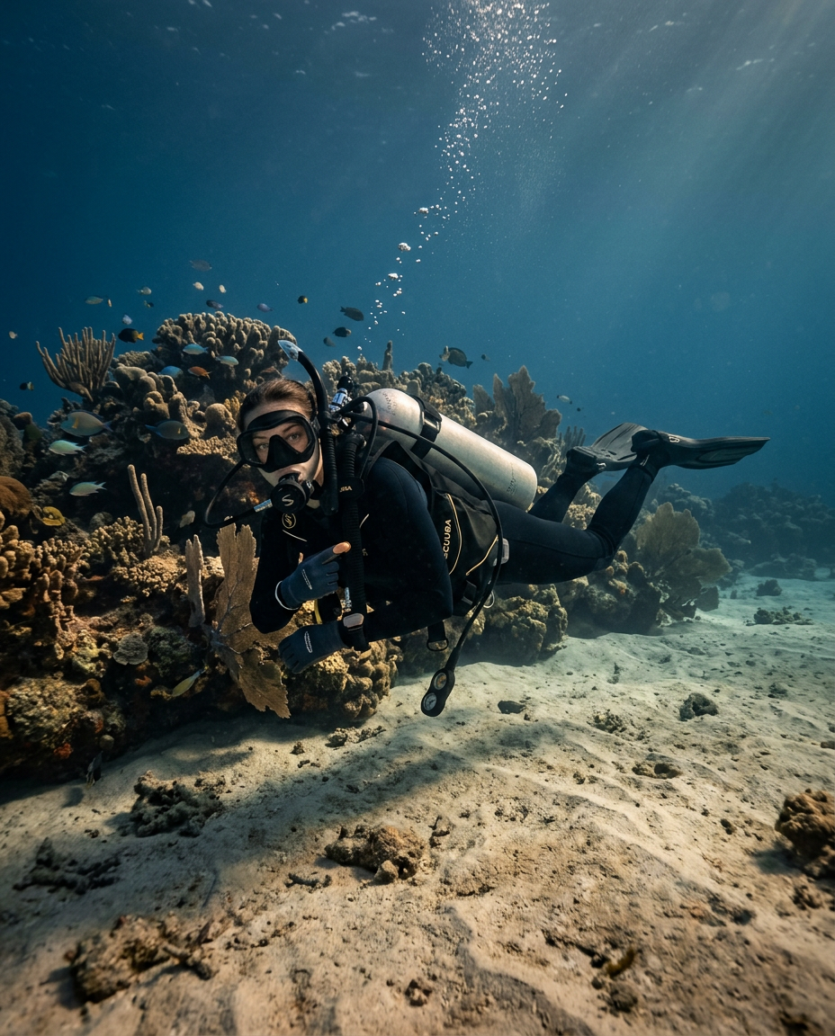Scuba diver hovering perfectly still above the sand with a fingertip on the BCD inflator for a micro-adjustment