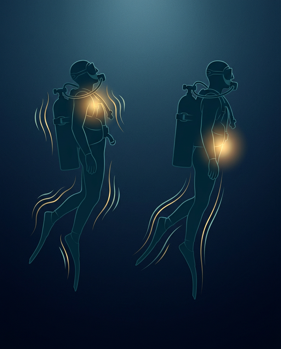 Illustration comparing a tilted chest-breathing scuba diver with a stable diver breathing from the glowing diaphragm