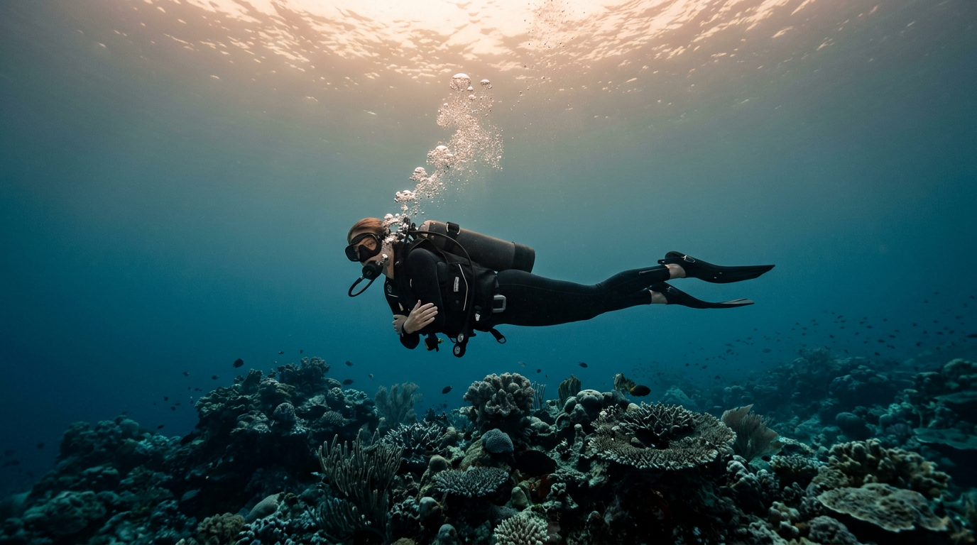 Scuba diver suspended motionless in open blue water with arms folded during a hover challenge
