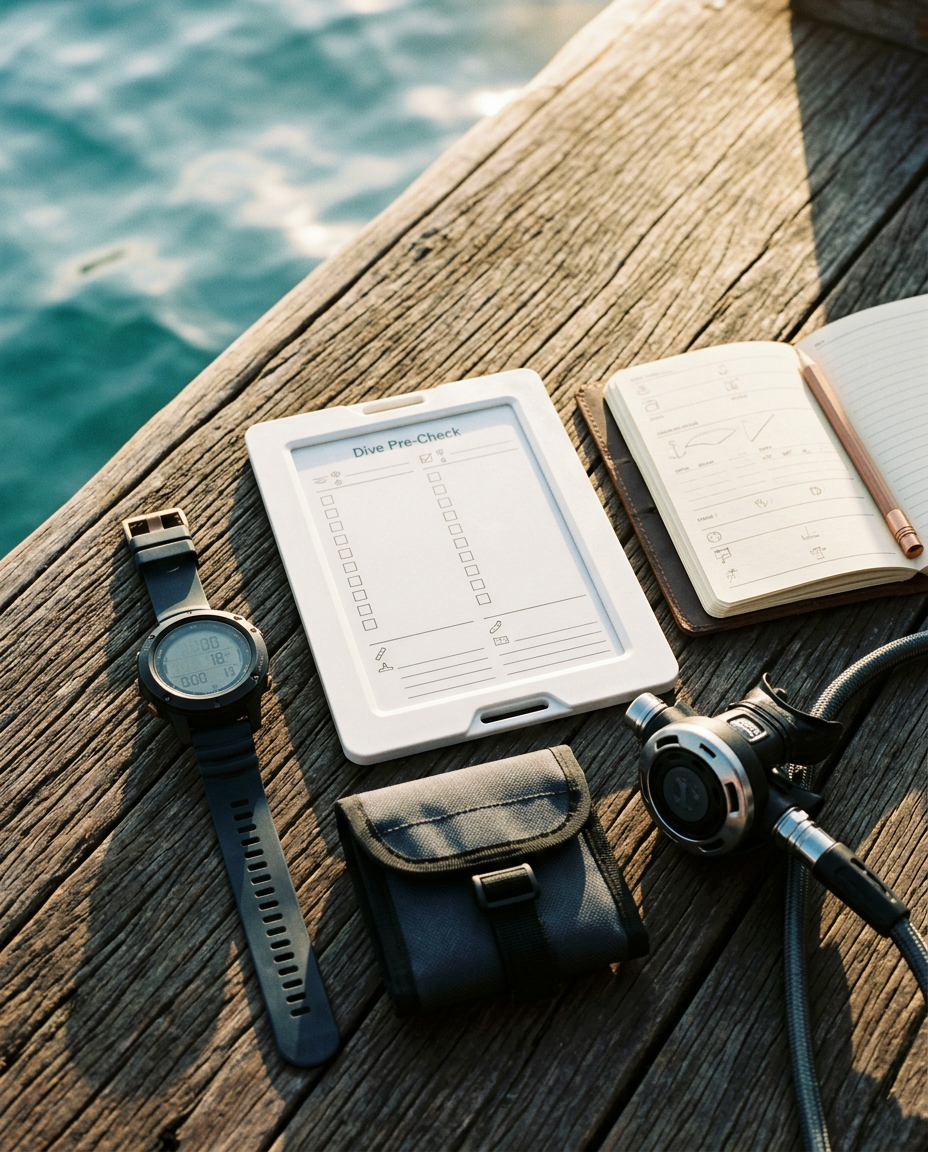Flat lay of a dive slate, dive computer, weight pouch, regulator, and logbook arranged as a buoyancy field kit