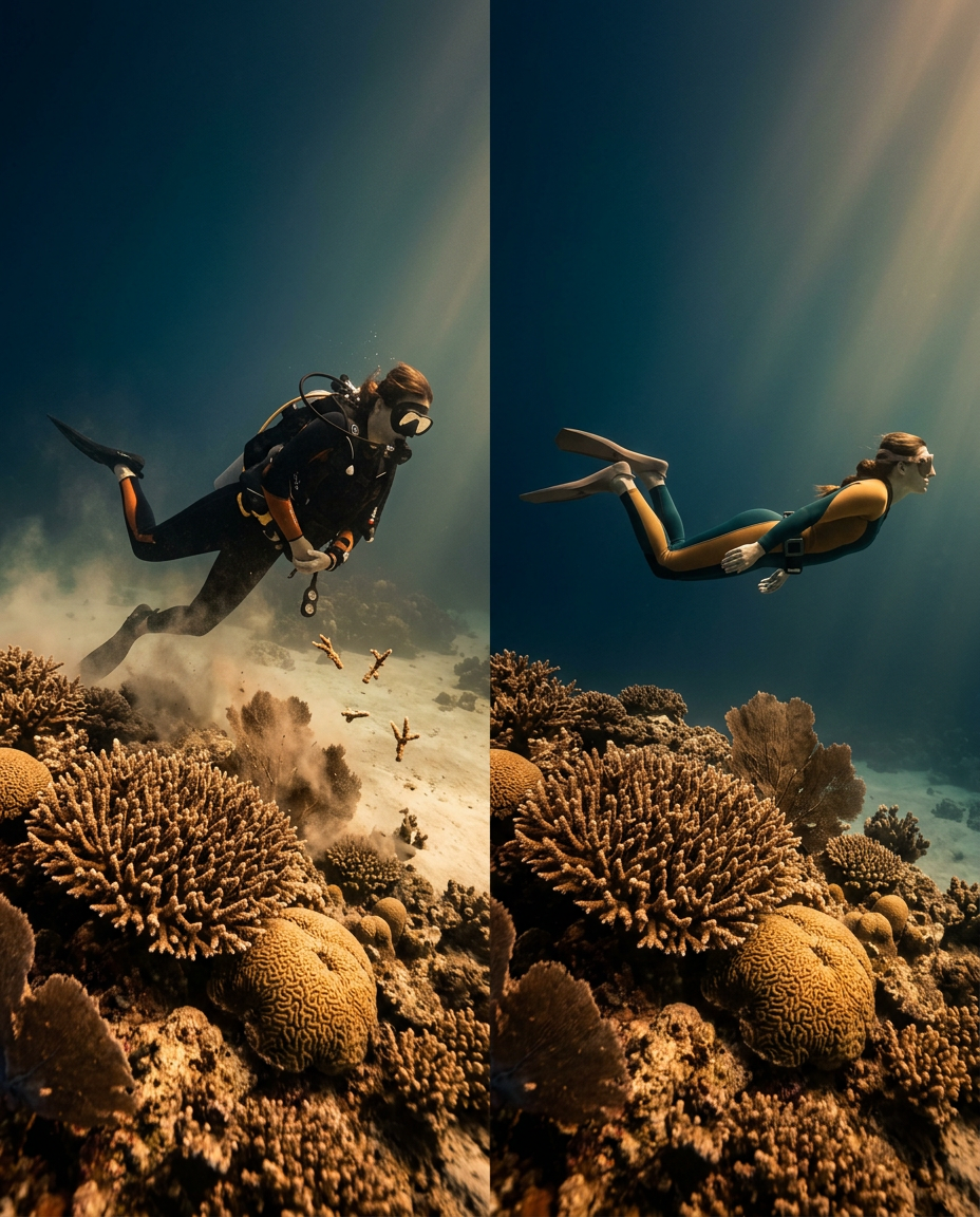 Contrast of a diver kicking close to fragile coral versus a diver in perfect trim gliding safely above the reef