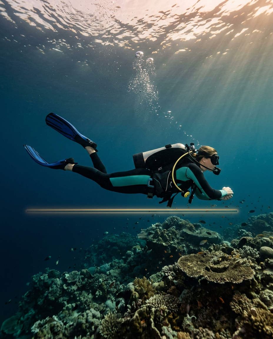 Scuba diver demonstrating perfect horizontal trim with legs extended and fins raised above a reef