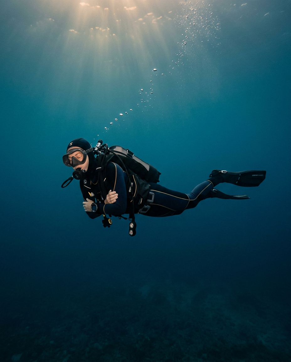 Scuba diver floating at eye level during a surface weight check beside a dive boat while an instructor observes