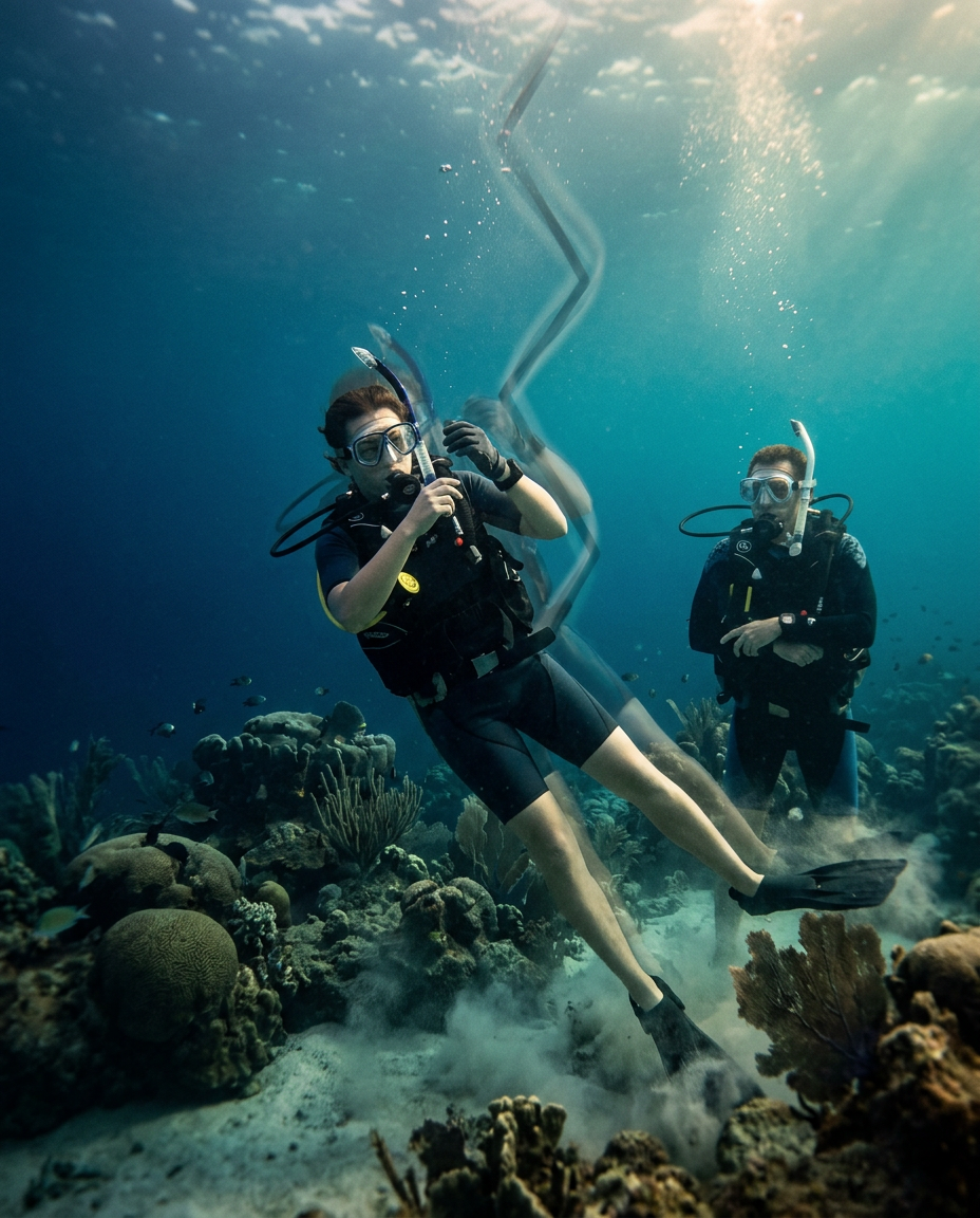 Struggling scuba diver tilted off balance above a reef, stirring sand while reaching for the BCD inflator