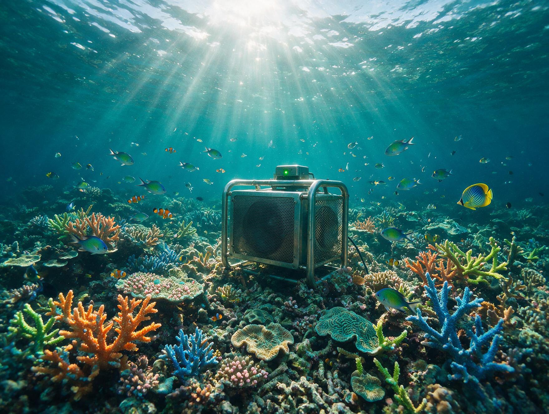 An underwater speaker system deployed on a coral reef broadcasting soundscapes to attract fish larvae for reef restoration