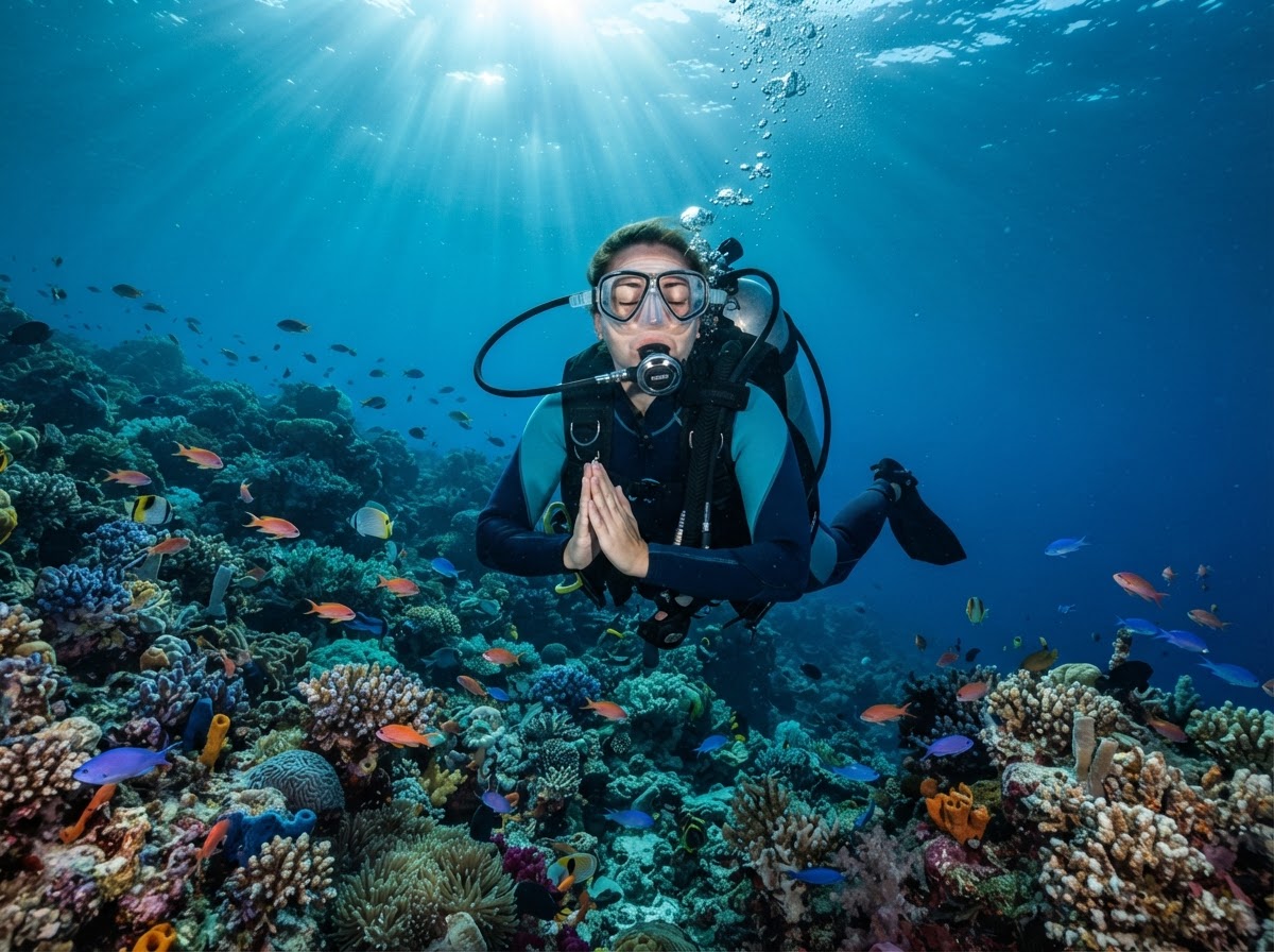 Scuba diver hovering gracefully above a coral garden with eyes closed, listening to the natural sound of the reef