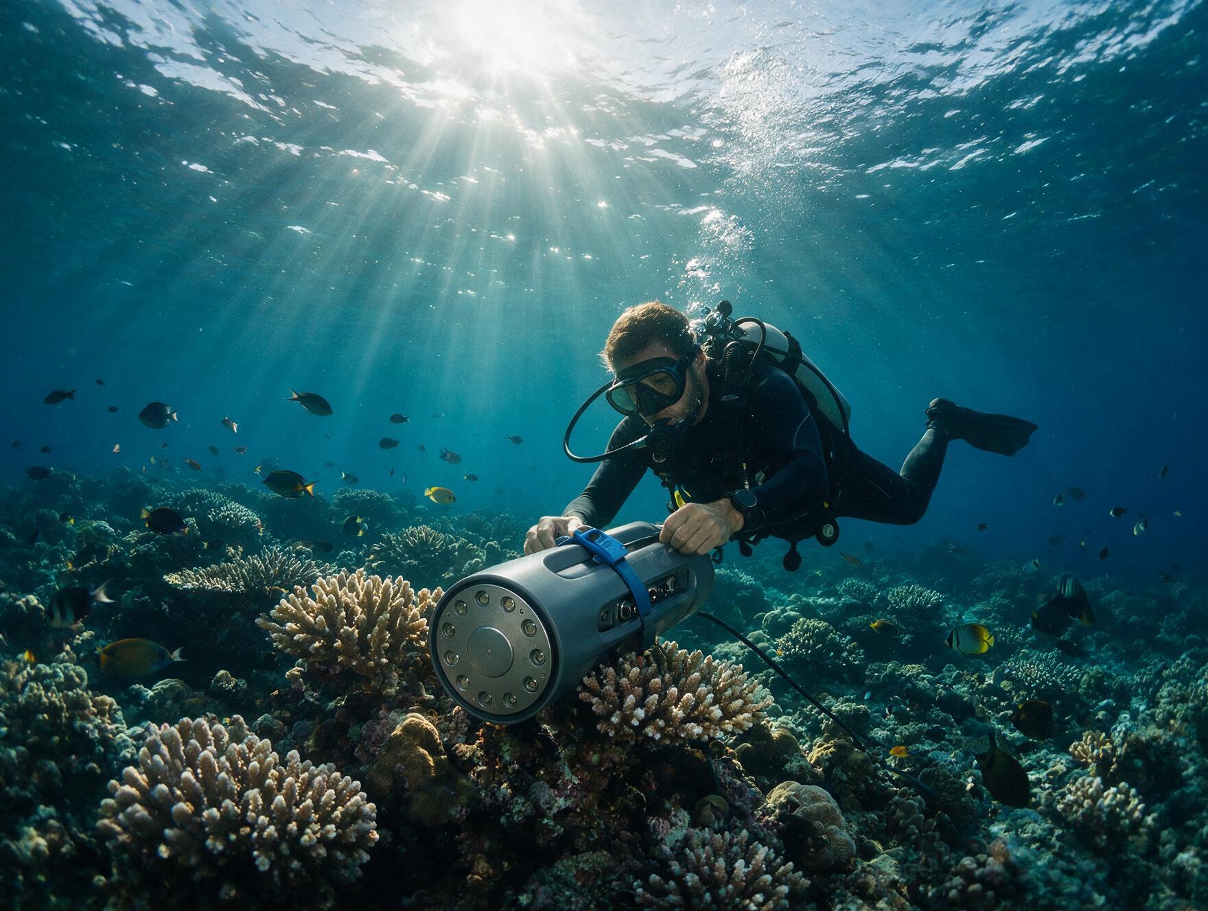 A researcher placing a hydrophone underwater to record reef acoustics and ocean soundscape signals