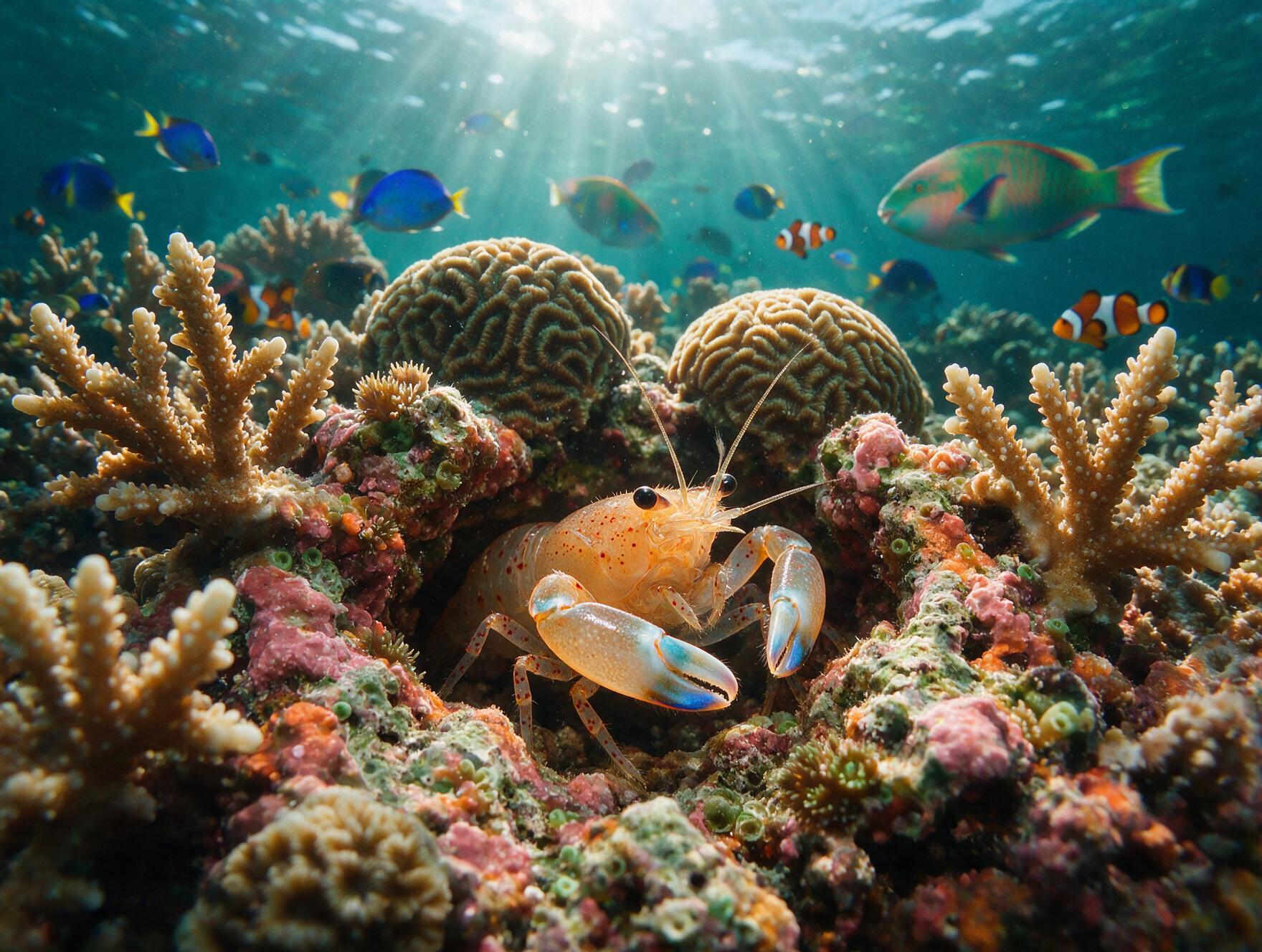 Detailed macro shot of a snapping shrimp inside a coral crevice alongside tropical reef fish on a healthy Maldives reef