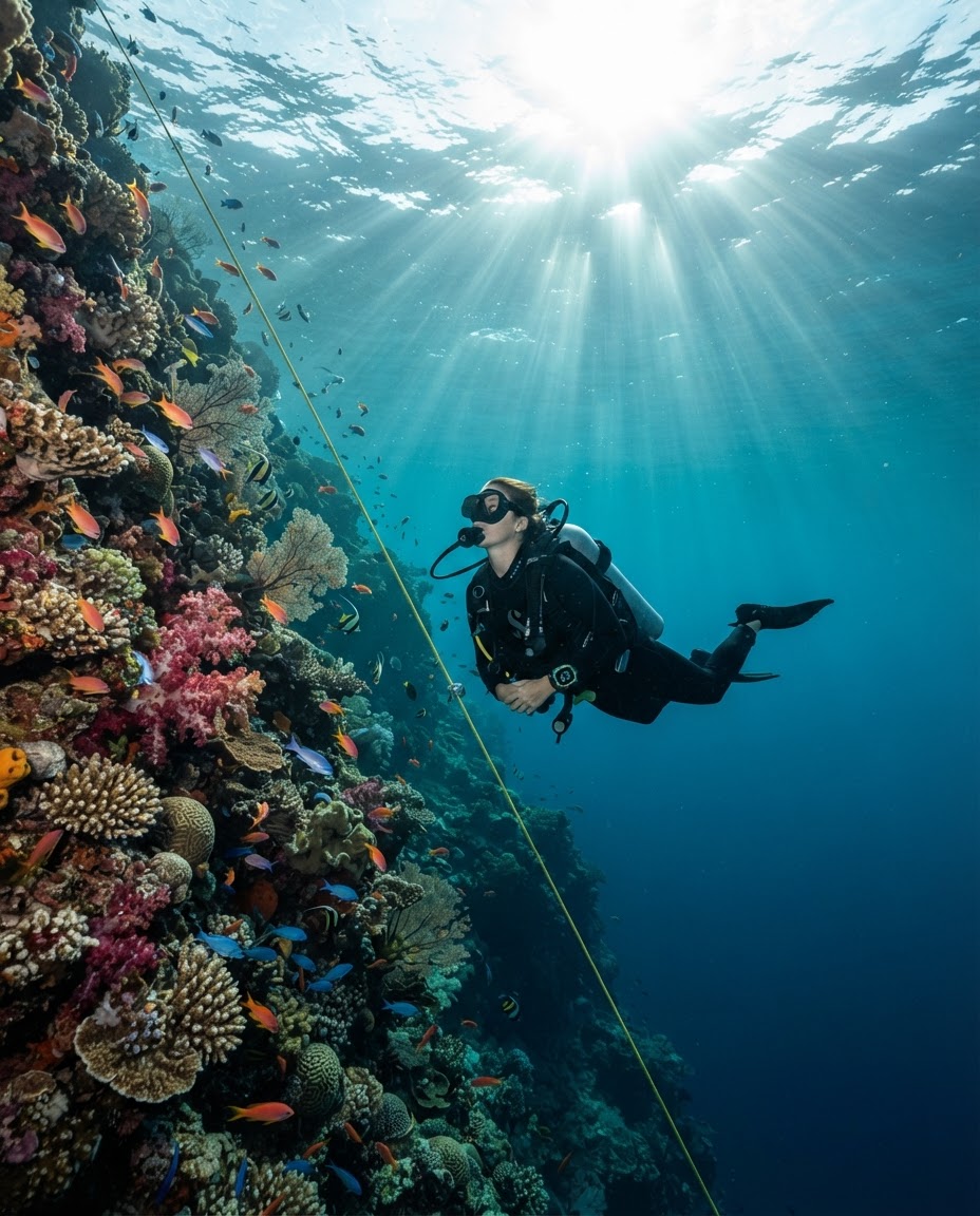 A diver ascending in controlled, horizontal position along a reef wall with a dive computer visible
