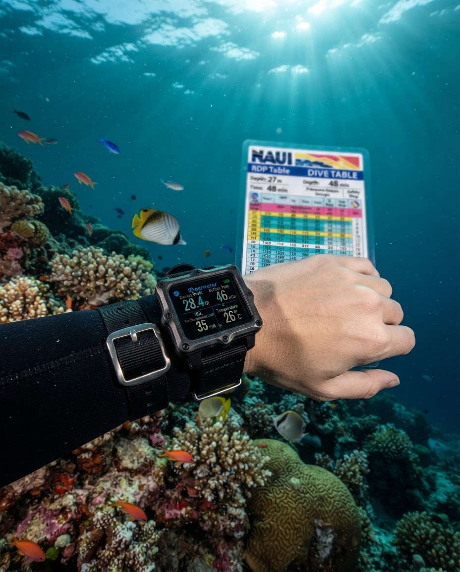 Close-up of a diver's wrist-mounted dive computer with readouts, a laminated dive table visible behind it
