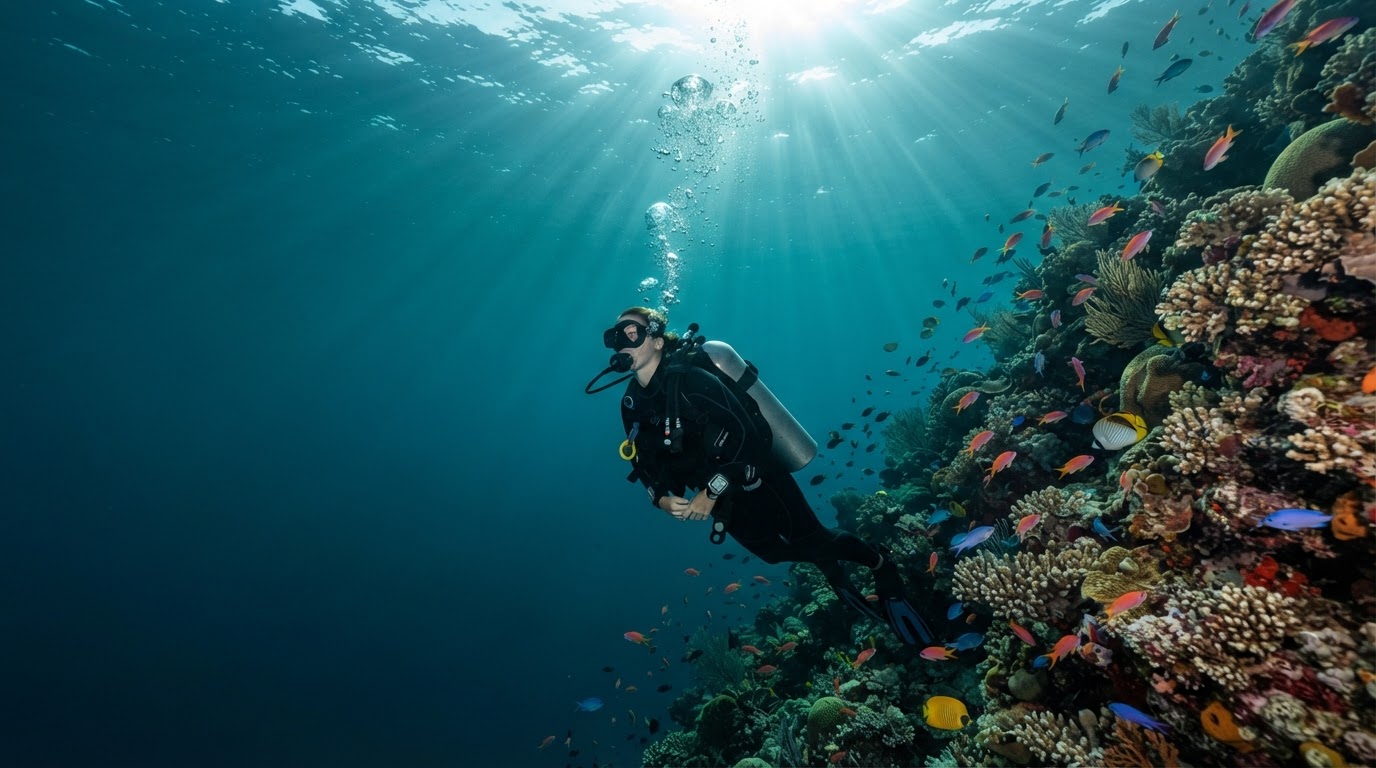 A scuba diver ascending slowly and deliberately along a reef wall with a steady stream of bubbles