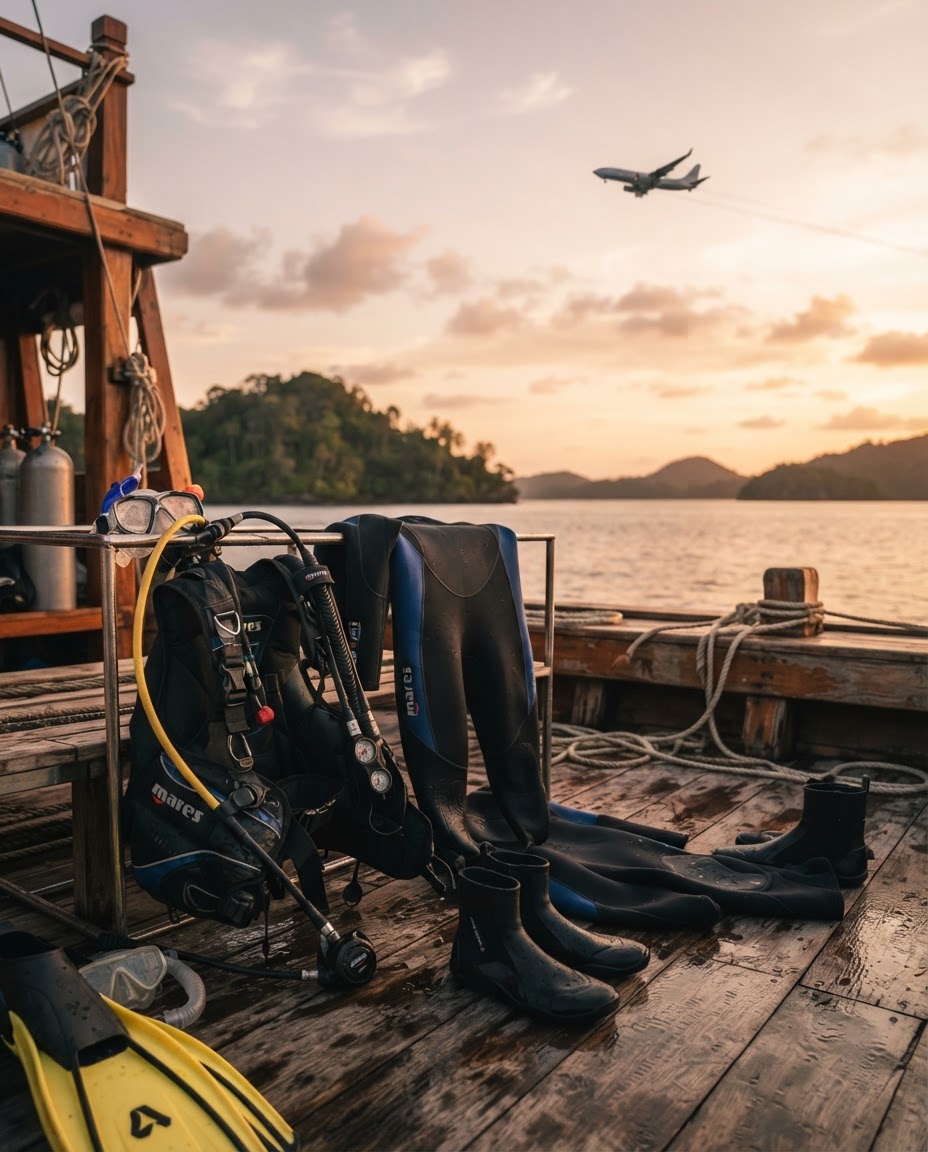 Dive gear drying on a boat deck with a commercial airplane visible in the sky in the background