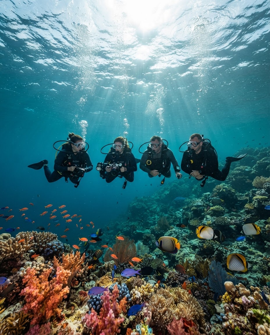 A small group of divers hovering motionless at a safety stop just below the surface