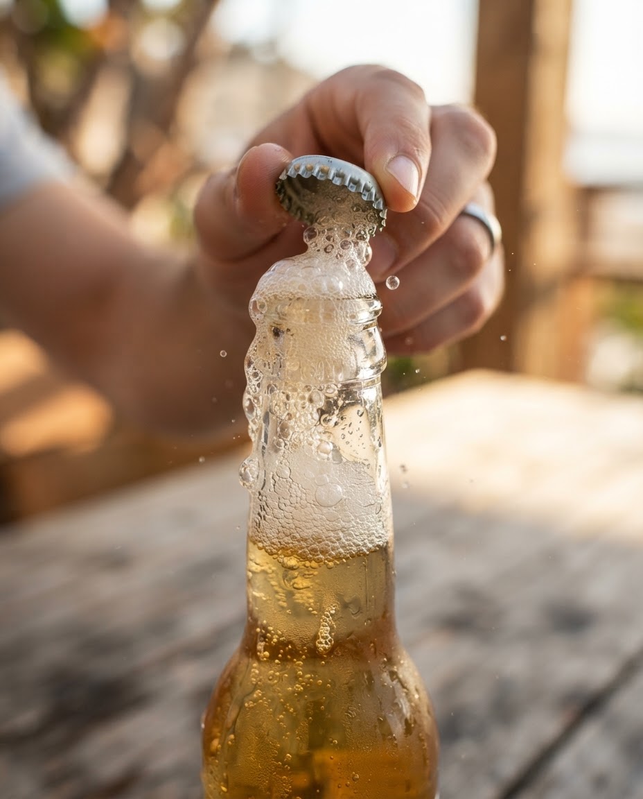 Close-up of a soda bottle being opened with carbonation bubbles rising at the moment of release