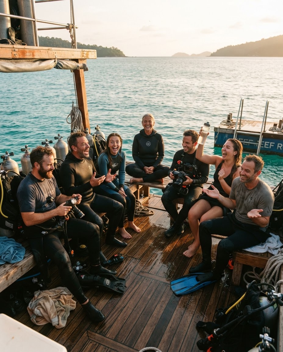 All seven dive boat archetypes sitting together on the back platform after a dive — laughing, reviewing footage, gesturing, and staring at the sea