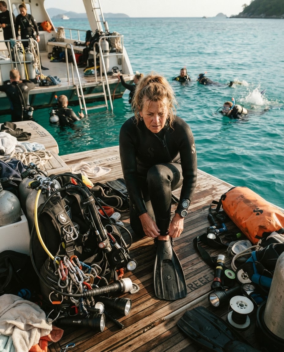 A diver still adjusting fin straps surrounded by excessive gear while the rest of the group is already in the water behind them