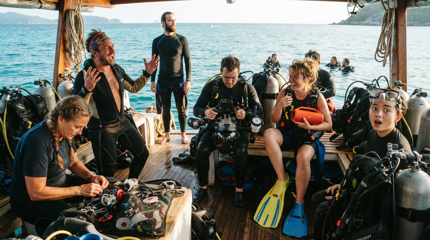 A colourful group of scuba divers gearing up on a sun-drenched dive boat deck, each with their own distinctive style