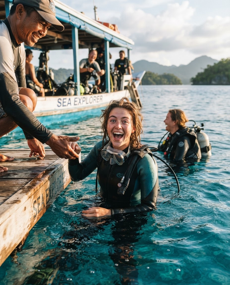 A new diver surfacing from their first open-water dive, eyes wide with wonder, mouth open in delight as the divemaster reaches down from the boat