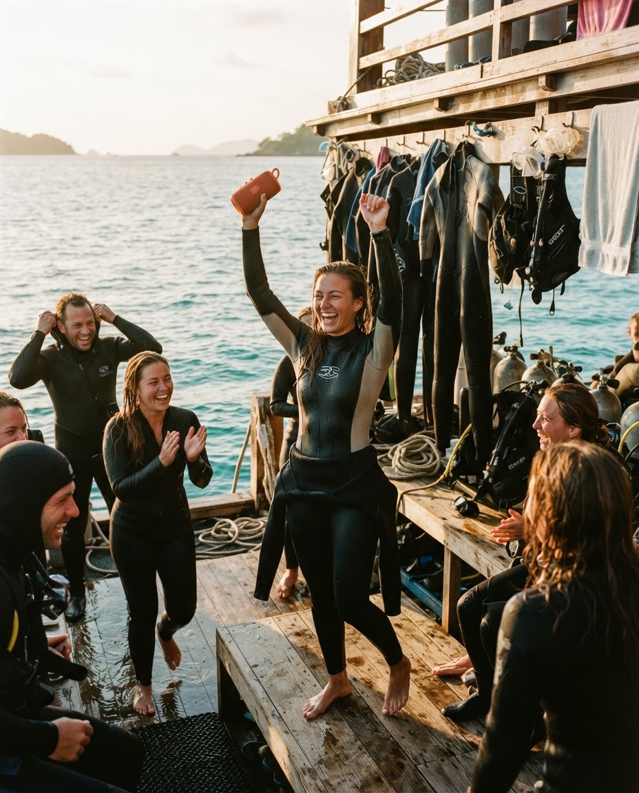 A diver holds a Bluetooth speaker above their head on the dive deck as the rest of the crew in damp wetsuits begin to gather and laugh