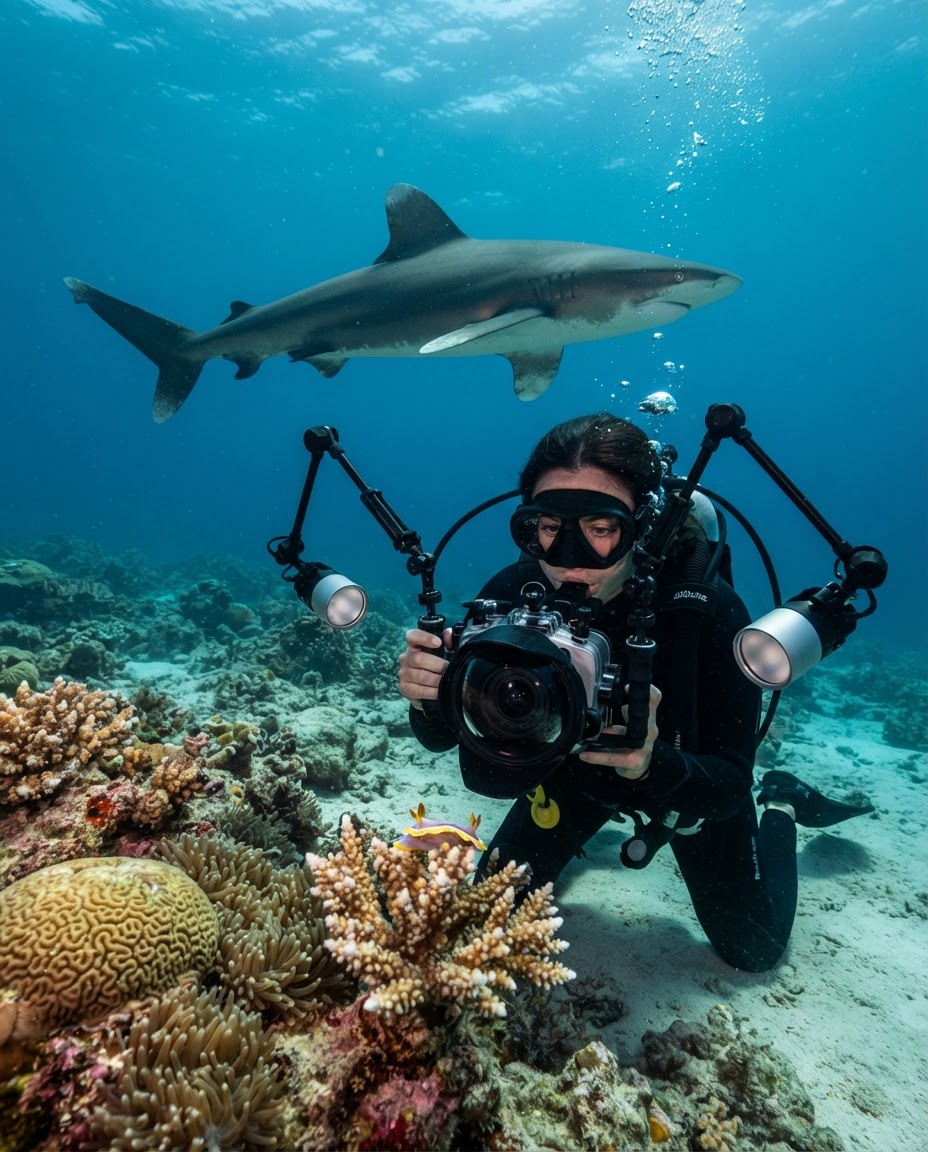 An underwater photographer inches from a tiny nudibranch while a large shark glides unnoticed through the open water directly behind them