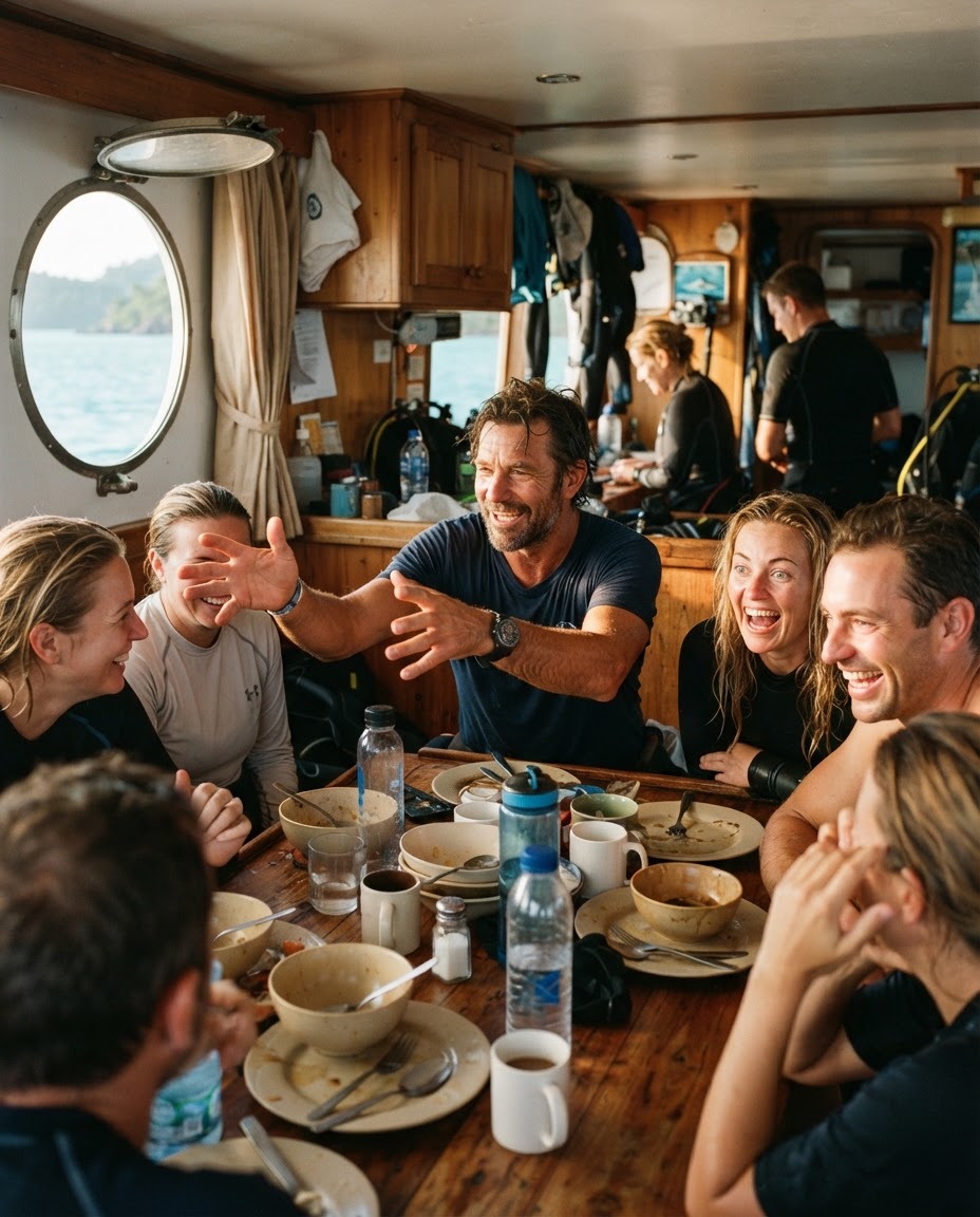 A diver gesturing dramatically at a galley table while other divers lean in listening to an elaborate dive story
