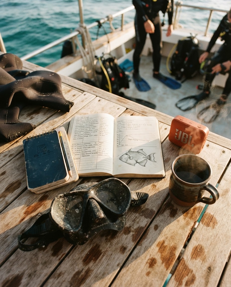 Flat lay of a dive logbook, waterproof notebook, mask, Bluetooth speaker, and coffee cup on a sun-bleached wooden boat deck