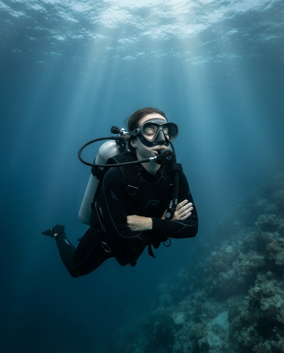 A diver hovering motionless in meditative lotus posture underwater beneath sunbeams