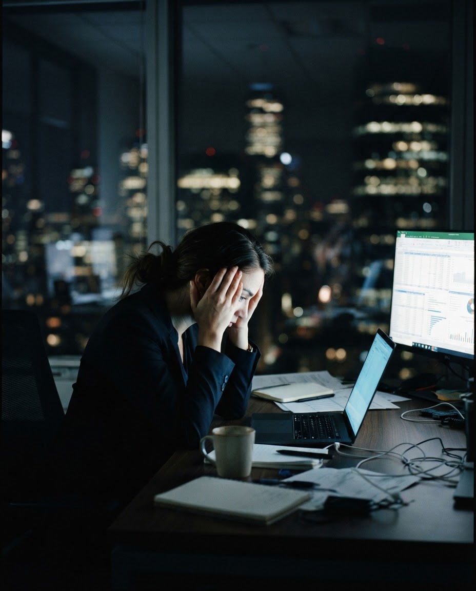 An exhausted corporate worker sitting at a desk surrounded by screens and spreadsheets before discovering scuba diving for burnout recovery