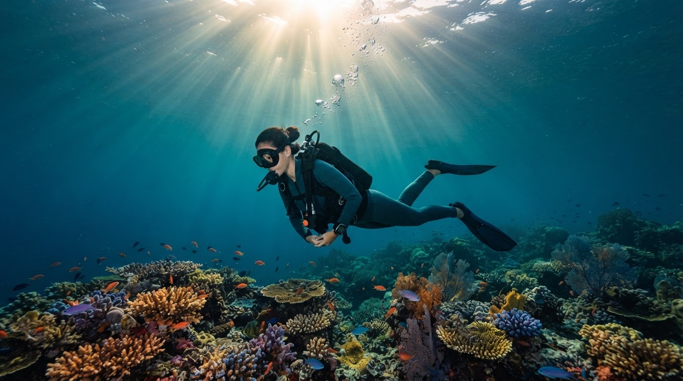 Former corporate executive turned scuba diver hovering weightlessly over a pristine coral reef in crystal clear turquoise ocean