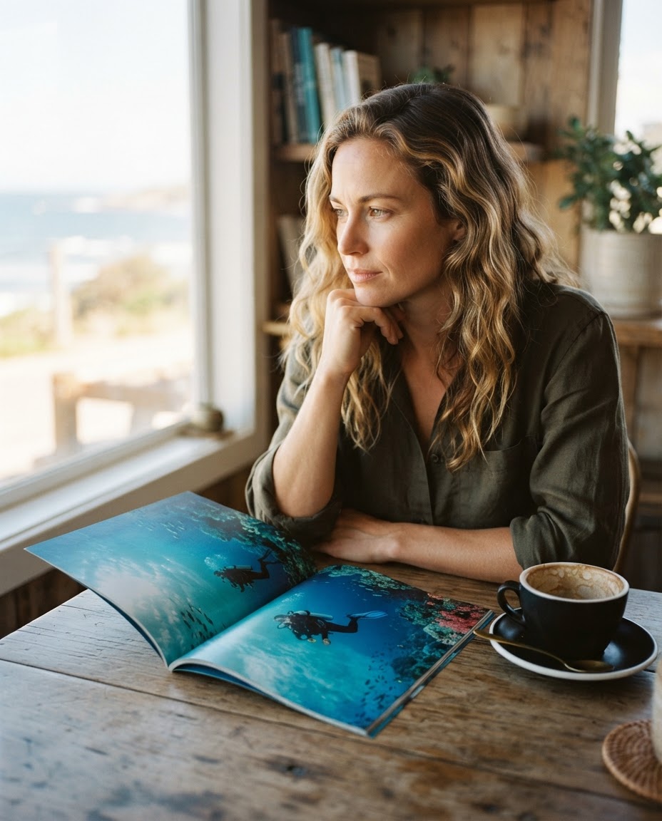 A person sitting near a window reading a scuba diving trip brochure while planning a career change