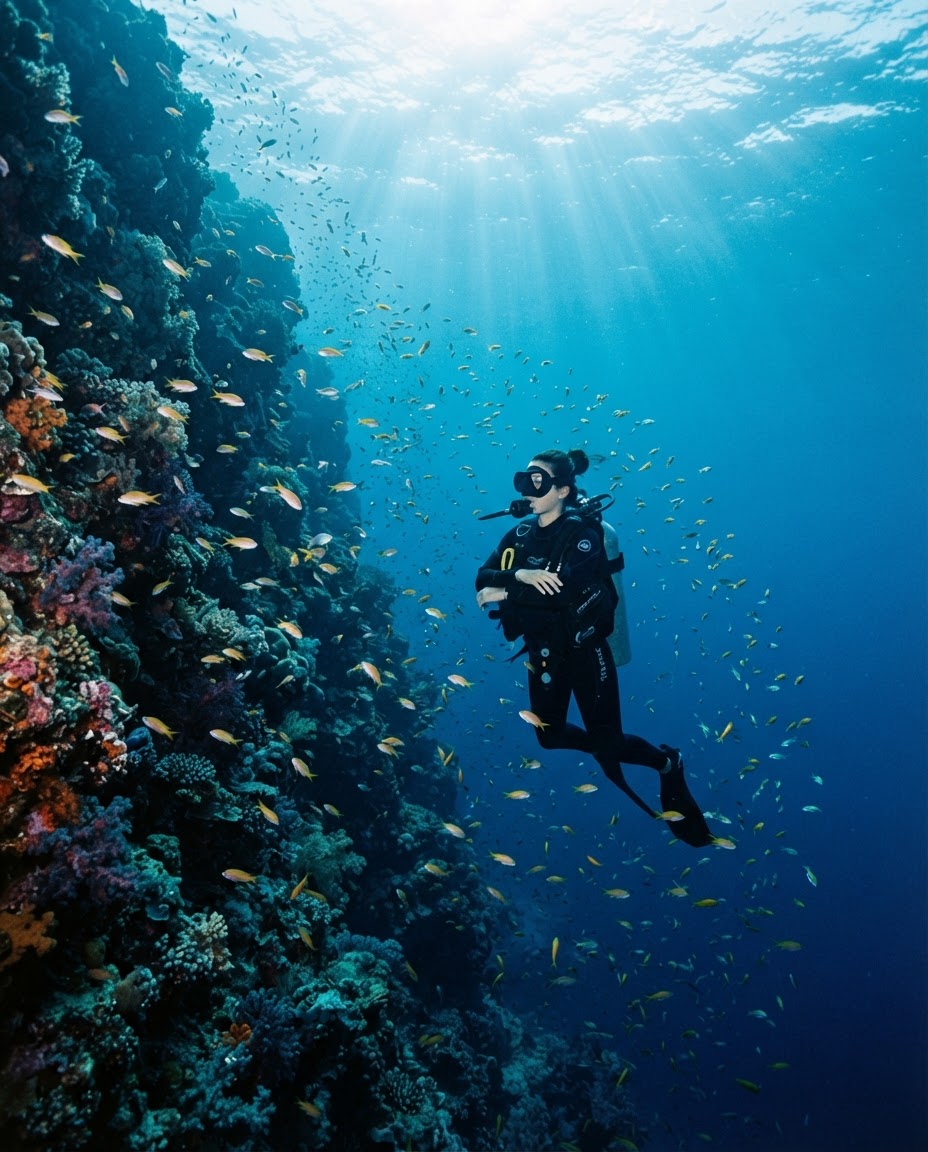 Scuba diver floating in neutral buoyancy over a healthy tropical coral reef experiencing weightlessness