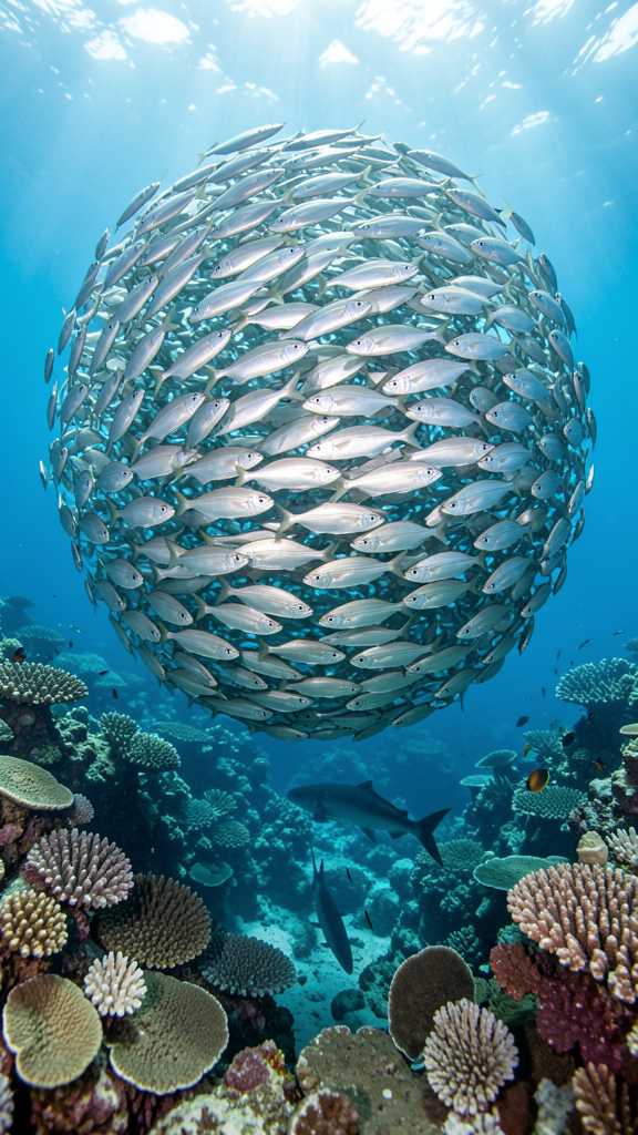 A dense school of fusiliers swirling in a tight bait ball formation above a healthy Maldives coral reef, a shadowy trevally predator visible below