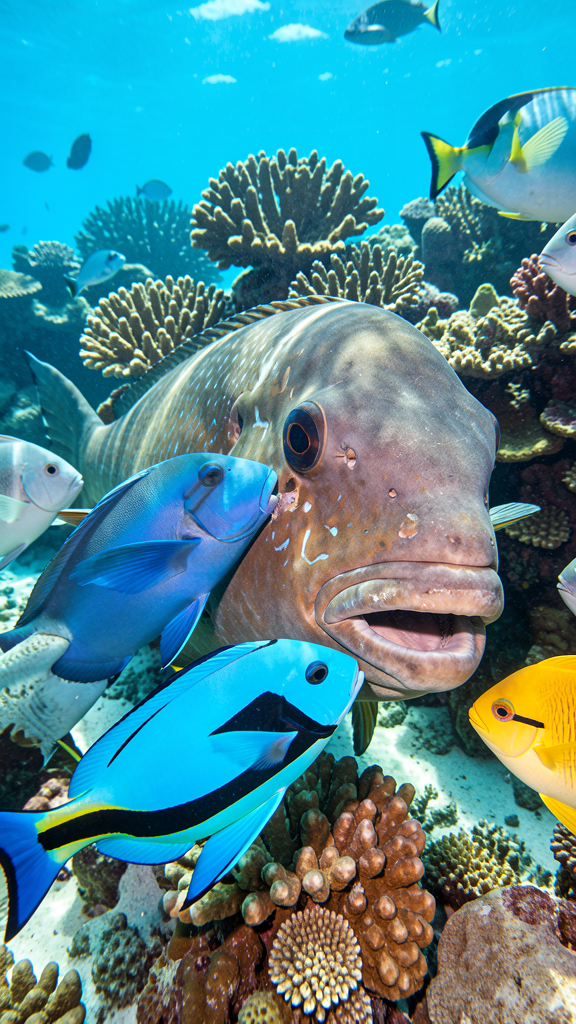 Close-up of a Bluestreak cleaner wrasse tending to a large parrotfish at a coral cleaning station on a Maldives reef, other fish waiting nearby