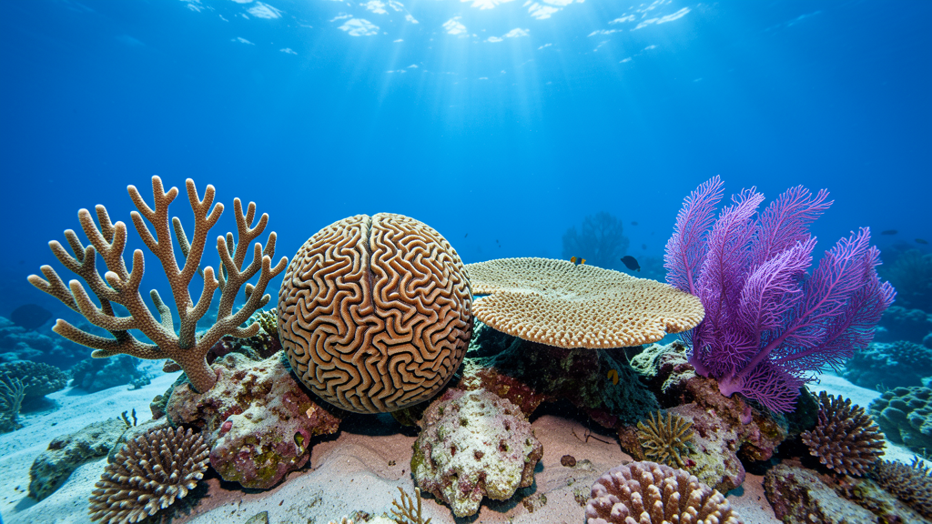 Four distinct coral growth forms on a healthy Maldives reef: branching staghorn, brain coral with maze-like ridges, flat table coral, and purple soft corals swaying in current