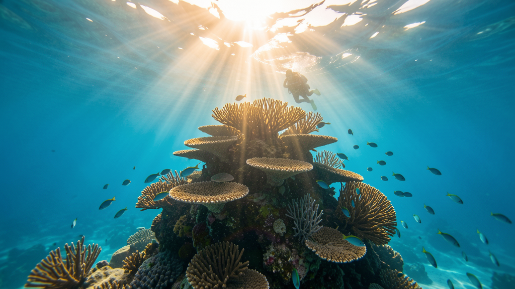 Diver descending through clear blue water toward a vibrant Maldives reef pinnacle at dawn, table corals catching golden morning light, soft corals leaning in the current
