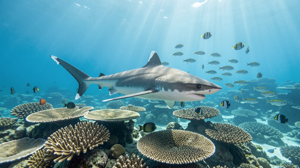 A whitetip reef shark gliding over a healthy Maldives coral reef surrounded by schools of fusiliers and butterflyfish, clear blue water with sunbeams