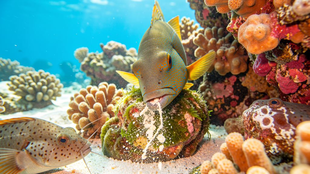 A parrotfish scraping algae from a coral head on a Maldives reef, fine white sand and coral fragments visible coming from its beak-like mouth