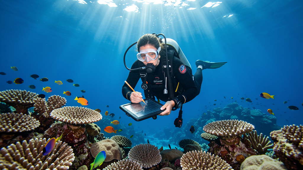 Scuba diver hovering above a vibrant Maldives coral reef holding a waterproof dive slate, pausing to observe and document coral health and fish species