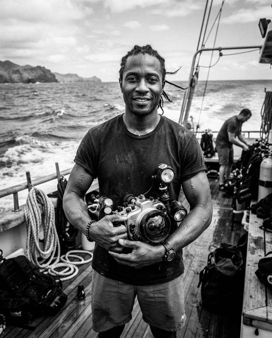 An underwater photographer on a dive boat holding his camera housing, ocean horizon behind him