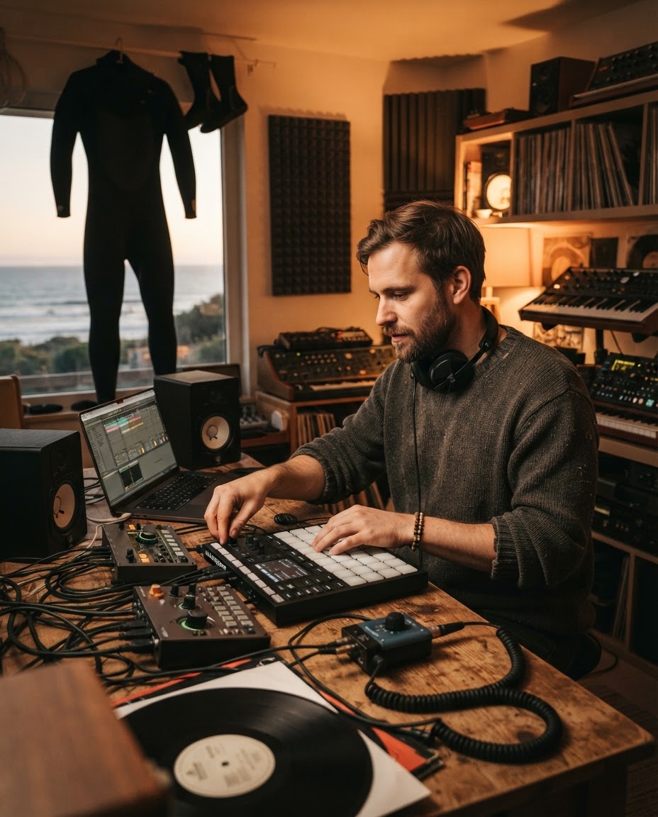 A DJ and producer in his home studio with audio equipment and a hydrophone on the desk, a wetsuit visible in the background